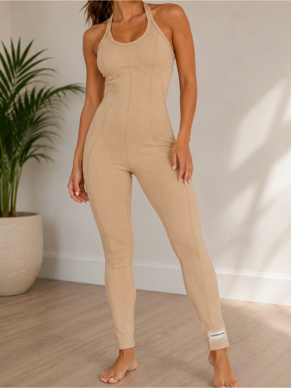 Ribbed Halter Jumpsuit in Tan